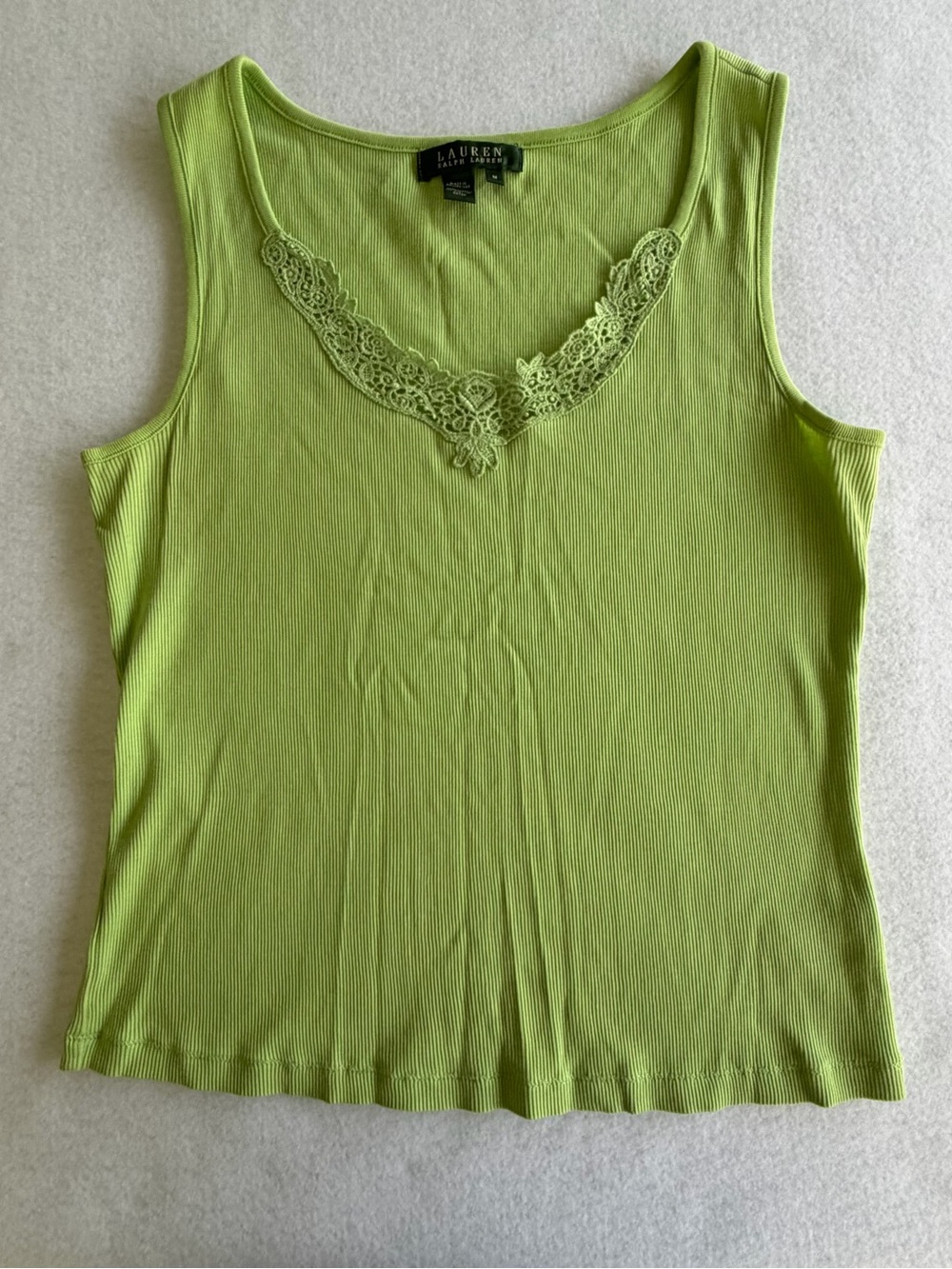 LAUREN Ralph Lauren Lime Green Lace Trim Ribbed Tank Top Medium